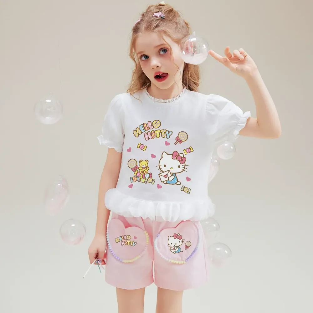 純棉法式泡泡短袖上衣+短褲套裝-卡通人物Hello Kitty-白色