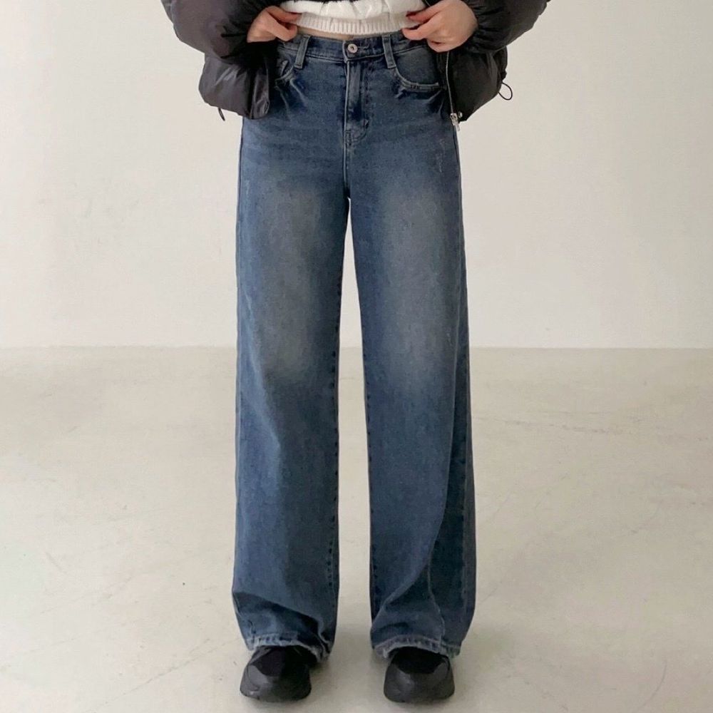 Howluk (內磨毛)彈性腰復古刷色拼接寬褲-淺花藍