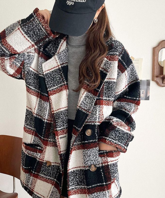 日本 Classical Elf - 亮麗格紋翻領廓形中長版大衣-焦糖棕