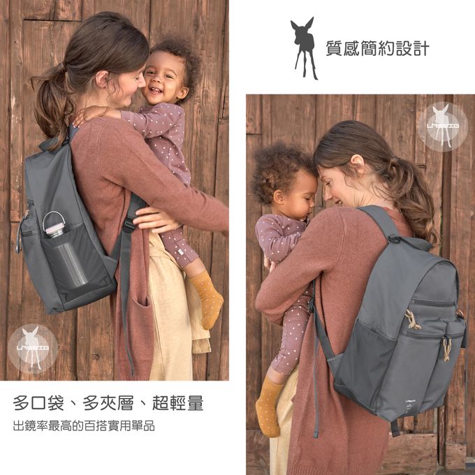 德國 Lassig - 小日常多口袋後背媽媽包-石墨灰-含尿布墊+推車掛勾+保溫瓶收納包