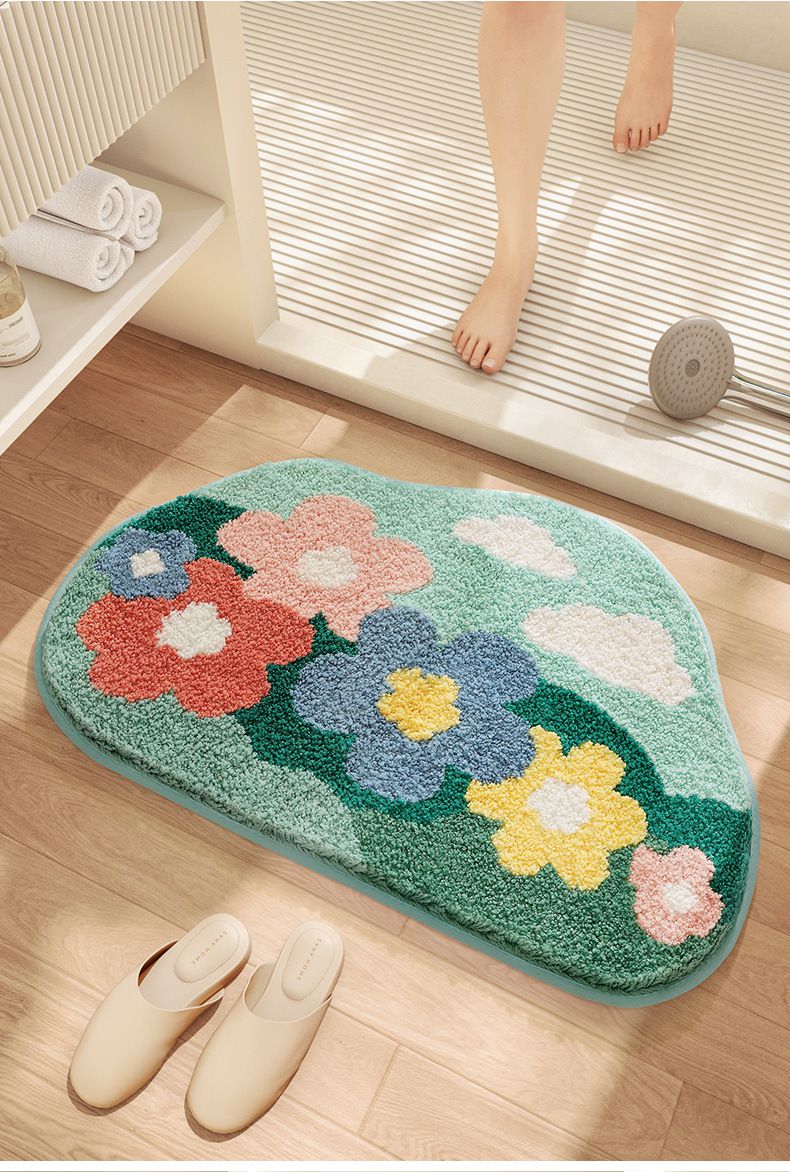 造型快速吸水植絨浴室腳踏墊-繽紛花花-奶白色 (45x70cm)