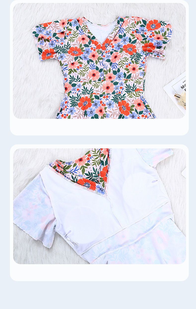 甜美碎花修身顯瘦遮肉連身裙泳衣-滿版花花-深藍+橘