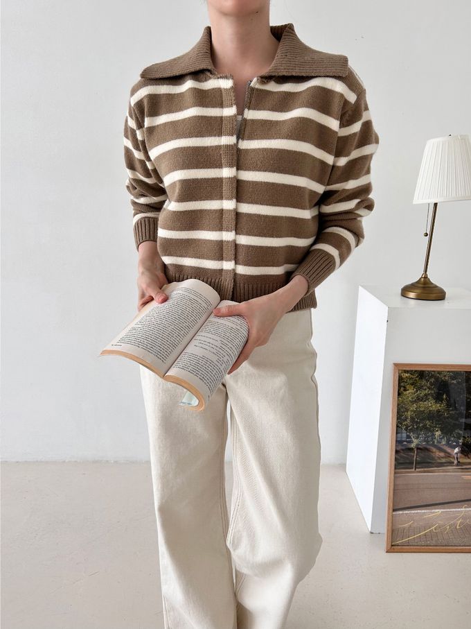 韓國女裝連線 - 溫柔條紋翻領拉鍊針織外套-摩卡咖 (FREE)