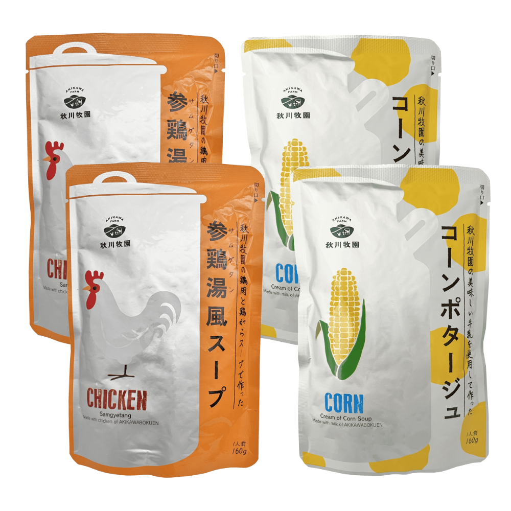秋川牧園 - 日式風味蔘雞湯X2包(效期2024.5.11)+日式玉米濃湯X2包(效期2024.5.10)