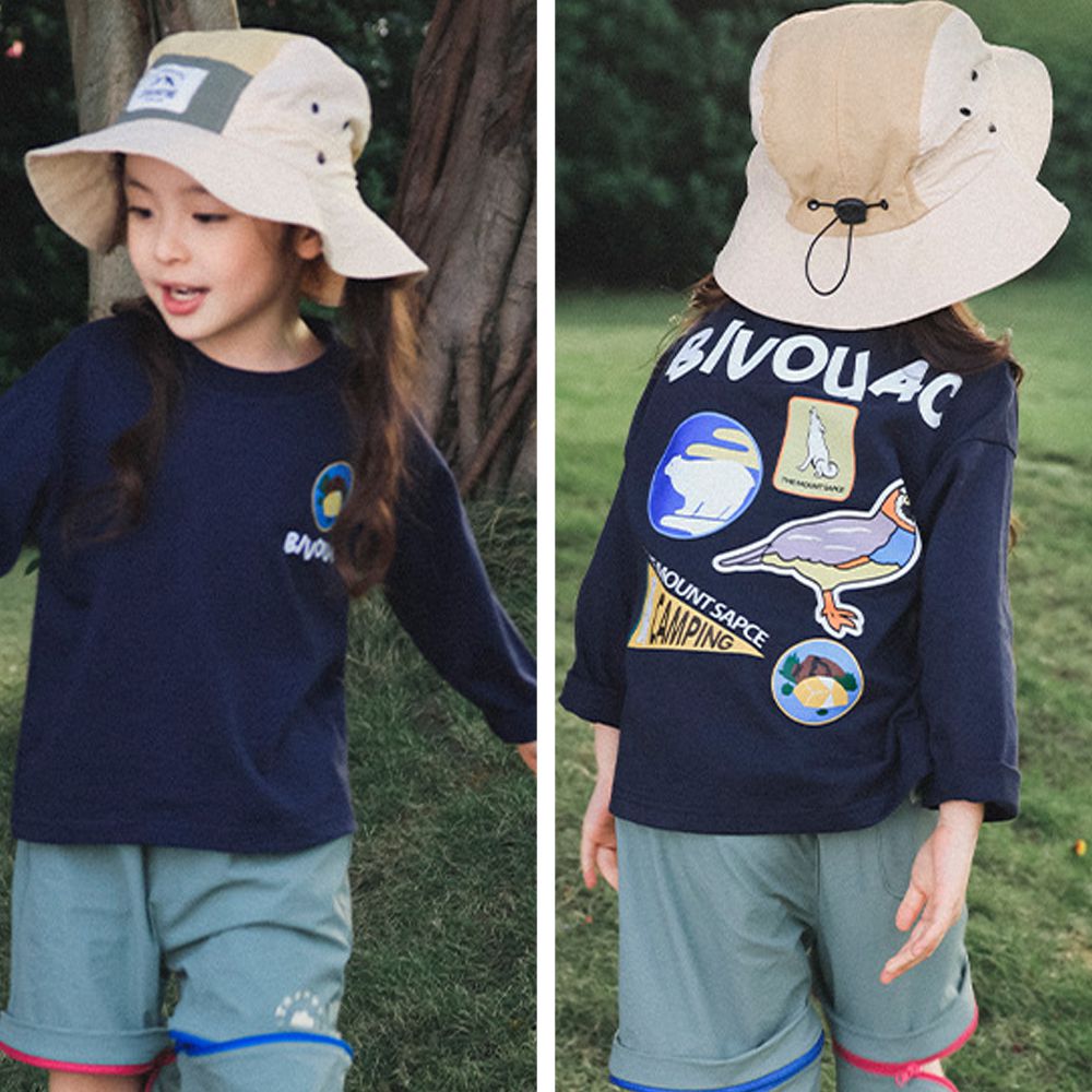 透氣快乾後印花長袖上衣-森林好友-藏青