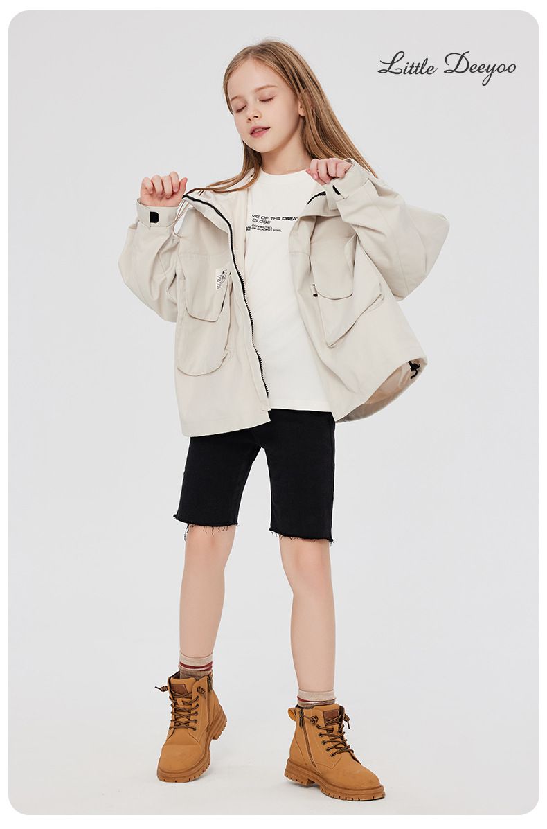 Little Deeyoo - 日系工裝防風連帽風衣外套/衝鋒外套-米白色