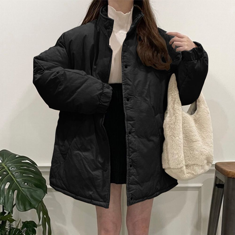 簡約立領科技羽絨蓬鬆中長外套-黑 (F)