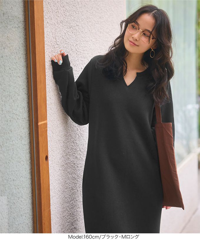 日本 Kobe Lettuce - 極上溫暖 裏起毛鑰匙領休閒長袖洋裝-黑