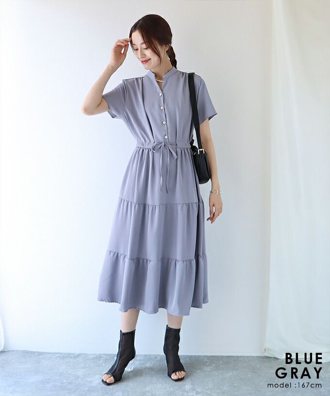 日本 BLUE EAST - 氣質小V領排釦短袖洋裝-木春菊-水藍 (M(Free))