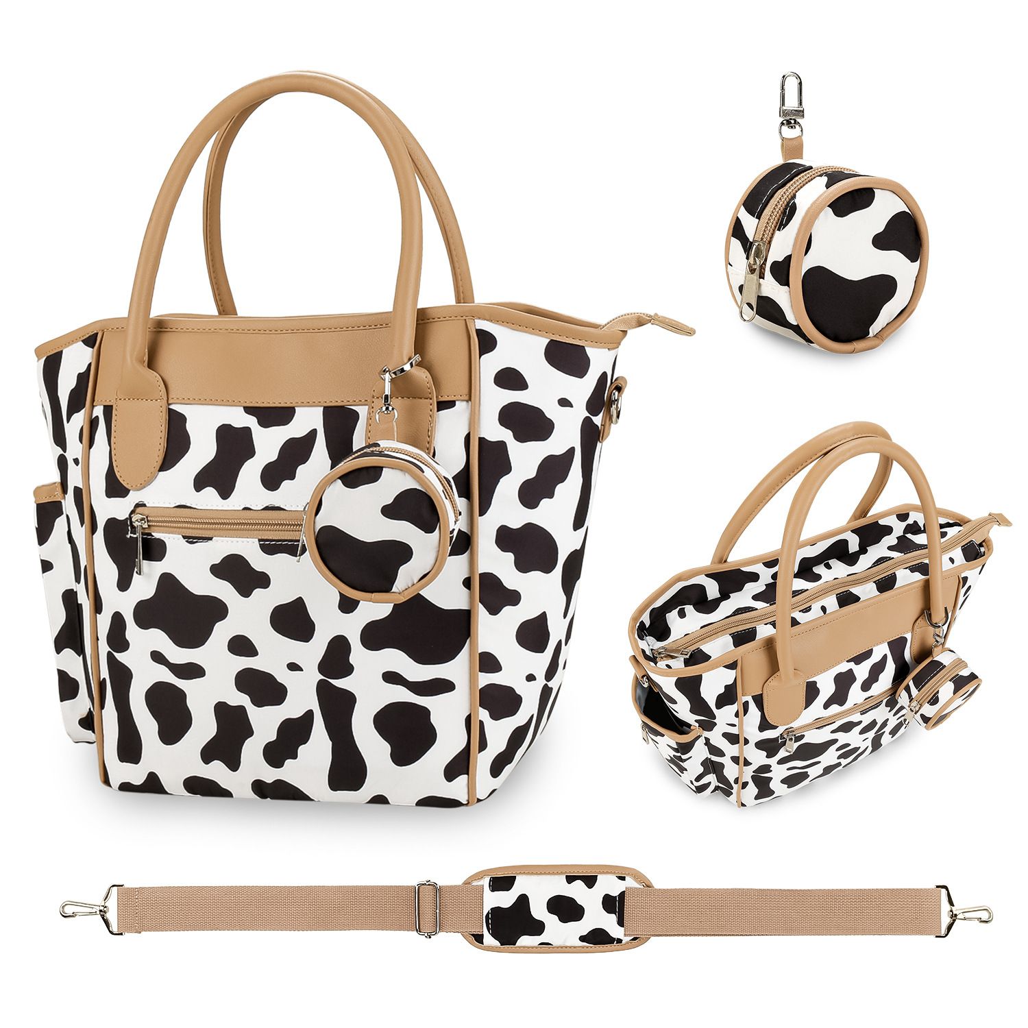 大容量多功能手提/斜背媽媽包-牛牛紋-黑+白 (25x15x29cm)