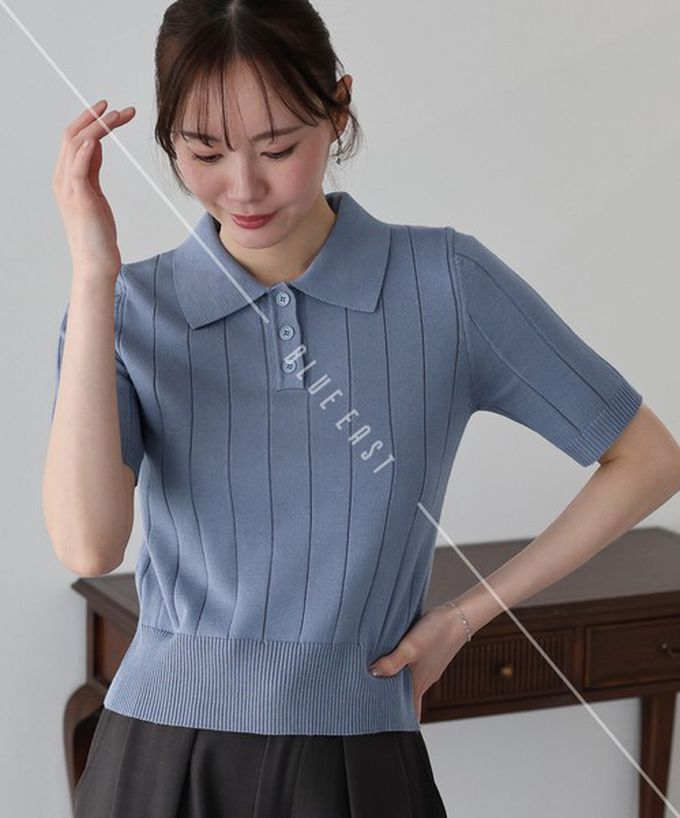 日本 BLUE EAST - 都會氣息寬羅紋針織短袖polo衫-煙燻藍