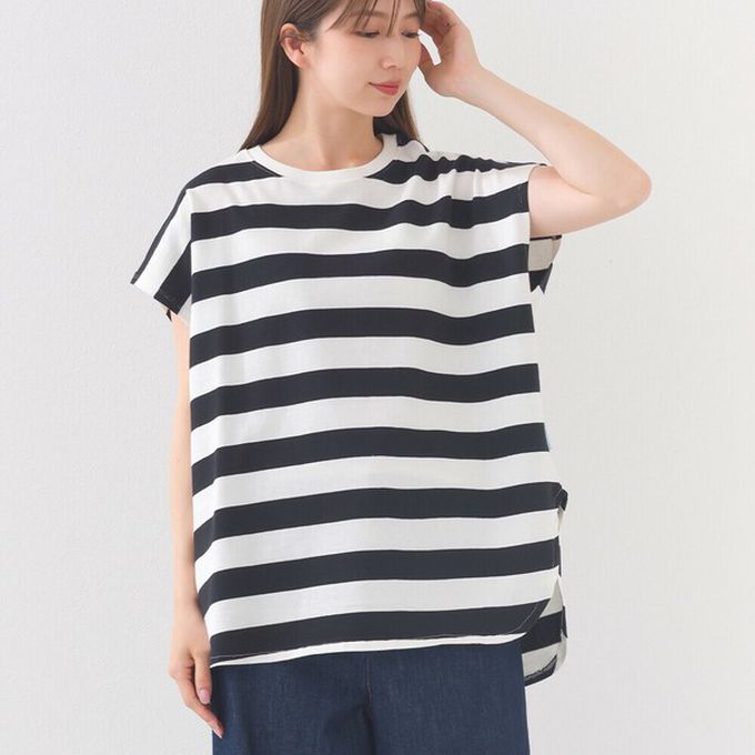 日本 OMNES - 接觸冷感 純棉不易皺法式袖上衣-粗條紋-藍綠x白