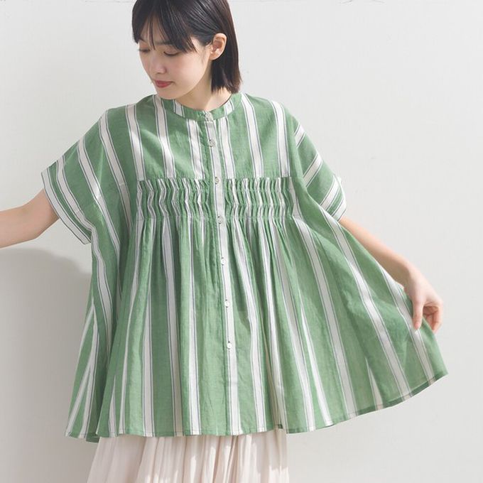 日本 OMNES - 100%印度棉 皺摺傘狀短袖襯衫-寶石藍