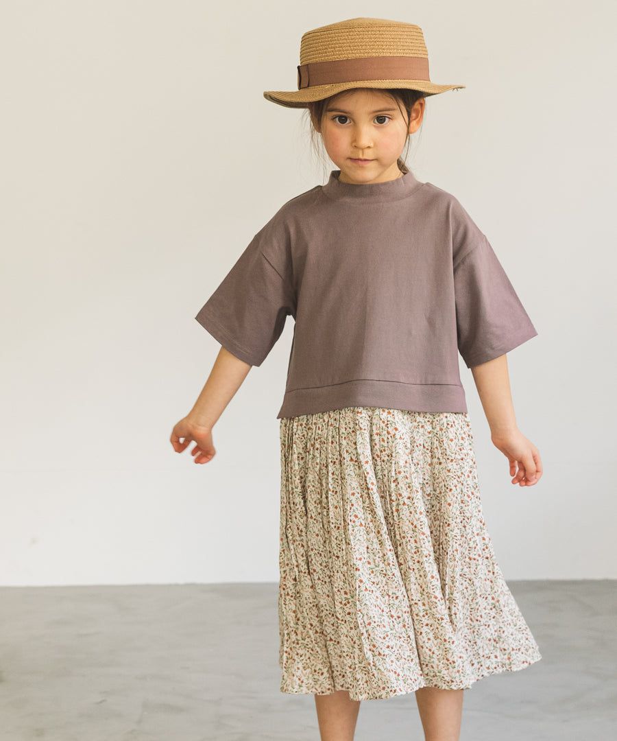 日本 PAIRMANON - 柔棉 上下拼接百褶短袖洋裝-碎花-摩卡X米