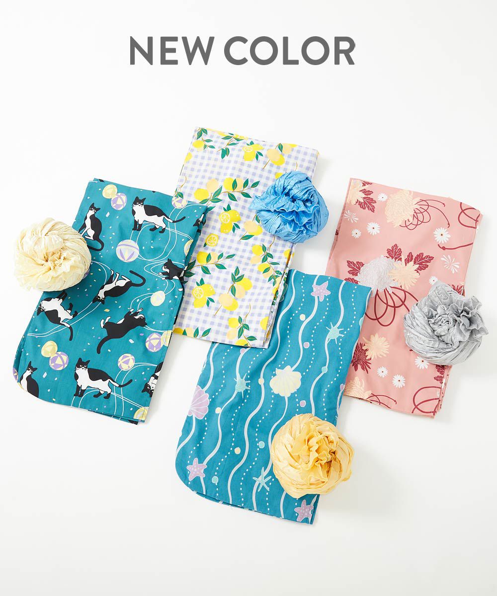 日本 devirock - 純棉夏日祭典花朵浴衣兵兒帶2件組-繽紛貝殼-藍綠