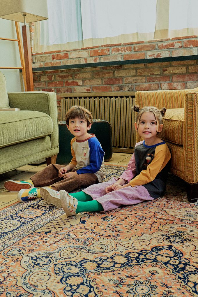 韓國 First Blue - 美味爆米花印長袖上衣-黃橘X燕麥X寶藍