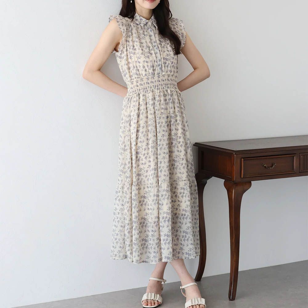 甜美雪紡束腰小荷葉短袖洋裝-碎花-象牙白 (M)