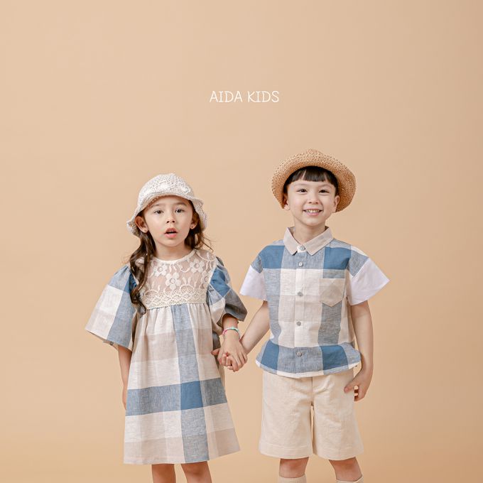 韓國 AIDA - 休閒風格子短袖翻領襯衫-藍X米