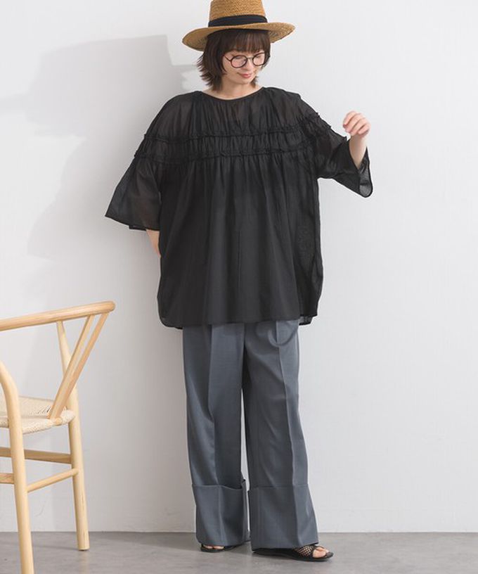 日本 Lupilien - 100%棉 輕盈感皺摺廓形五分袖上衣-萊姆綠