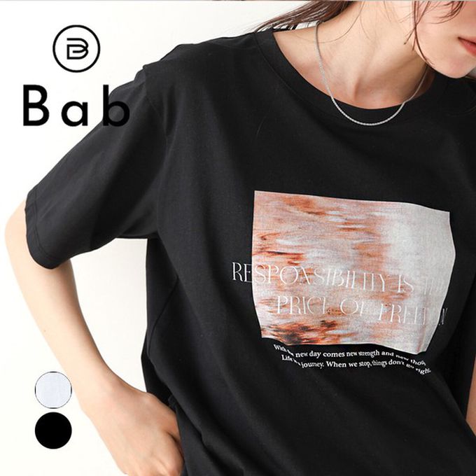 日本 Bab - 100%棉 俐落光影印花短袖T恤-白 (M)