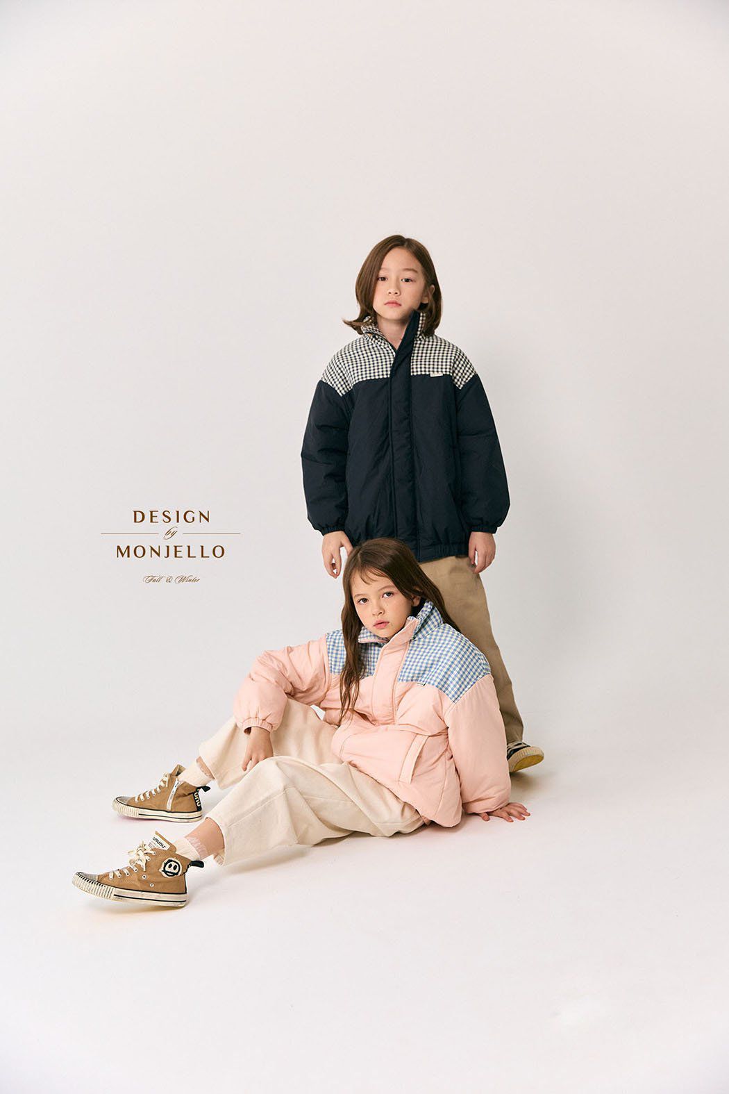韓國 MONJELLO - 格子點綴拉鍊立領鋪棉外套-粉