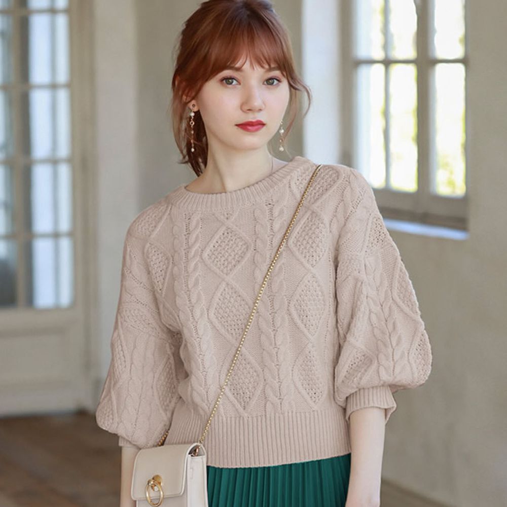 日本 GRL - 編織紋美腰綁帶寬鬆短版七分袖針織上衣-杏