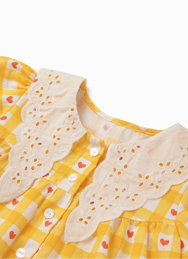 韓國 OZKIZ - 鏤空雕花領格子愛心洋裝