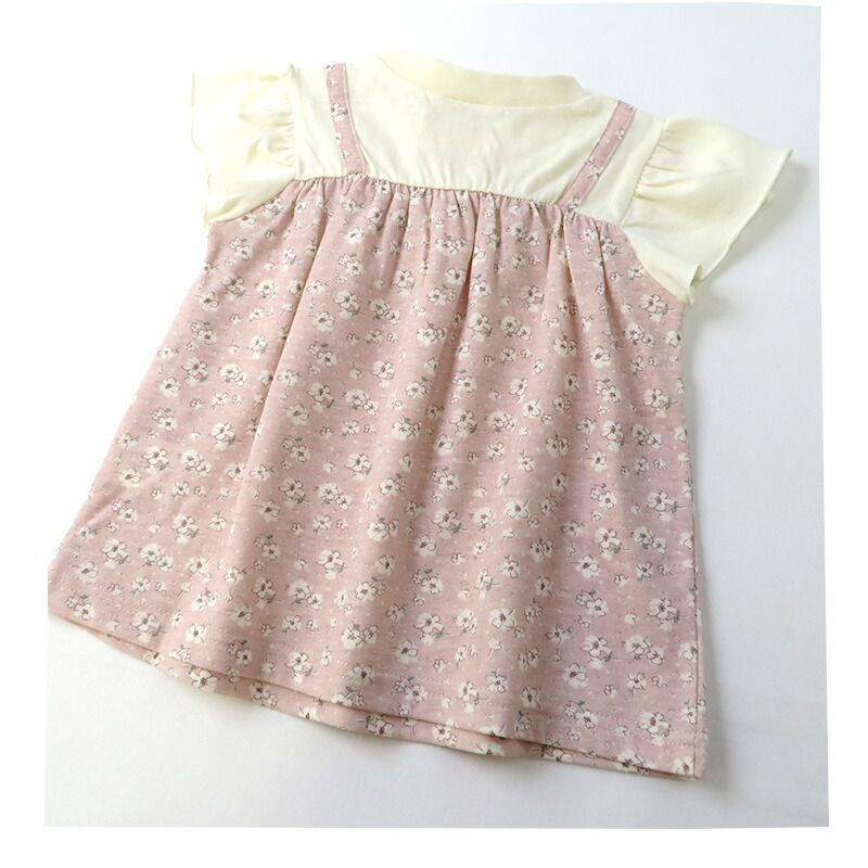 日本 ZOOLAND - 假兩件荷葉袖衣碎花短袖上衣-米x粉花