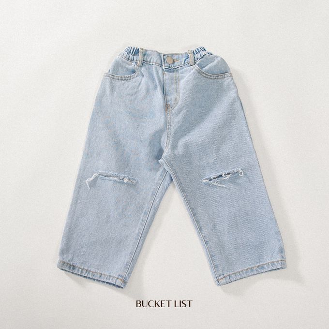 韓國 BUCKET LIST - 鬆緊腰刷破丹寧牛仔長褲-淺藍