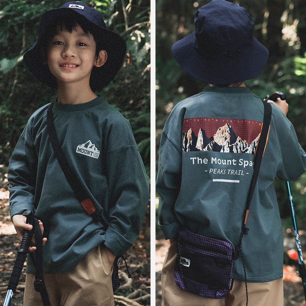 純棉圓領長袖上衣-風景印花-灰綠