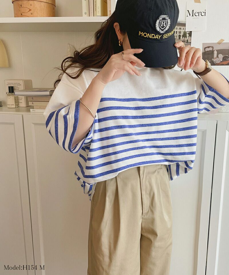 日本 Classical Elf - 圓領透氣橫條紋五分袖上衣-白x綠