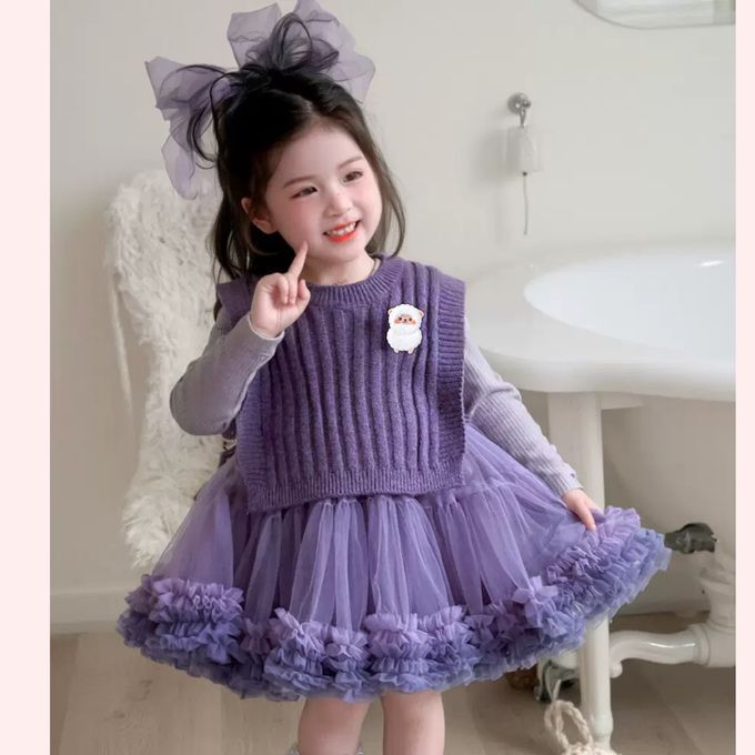 新年生日可愛漸層紫羅蘭網紗蛋糕裙長袖洋裝