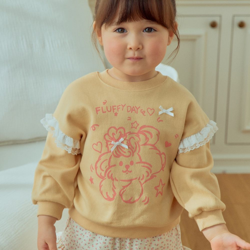 First Blue 狗狗插畫蕾絲點綴長袖大學T-珊瑚橘