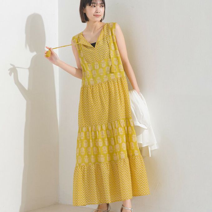 日本 OMNES - 100%印度棉 奢華印花流蘇無袖洋裝-寶藍