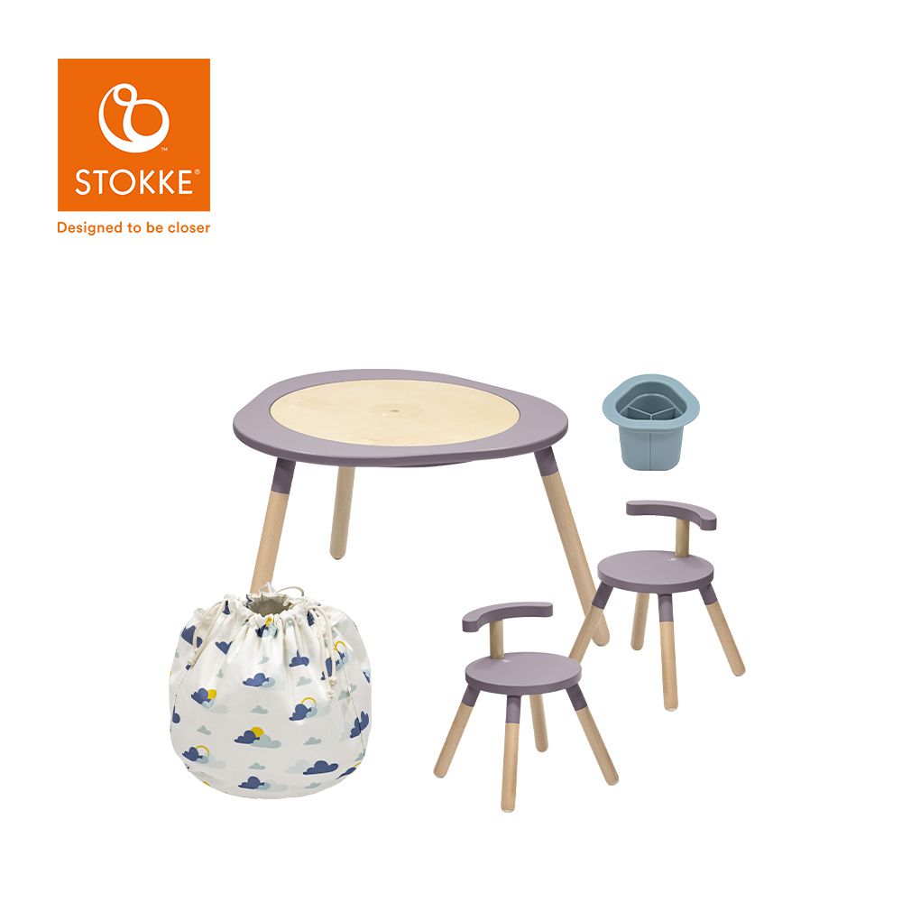 Stokke - 挪威 MuTable V2 多功能遊戲桌經典組 (一桌二椅+玩具收納袋-雲朵飄飄+筆筒-藍)-丁香紫