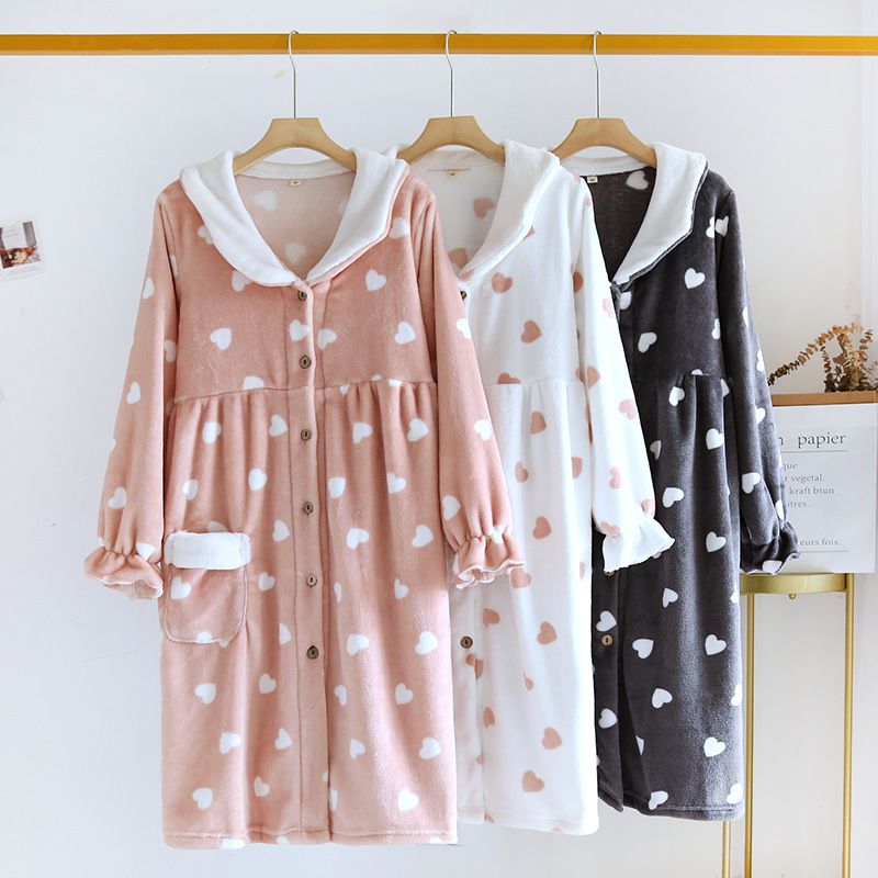 法蘭絨暖暖長袖連身睡衣-愛心-粉色