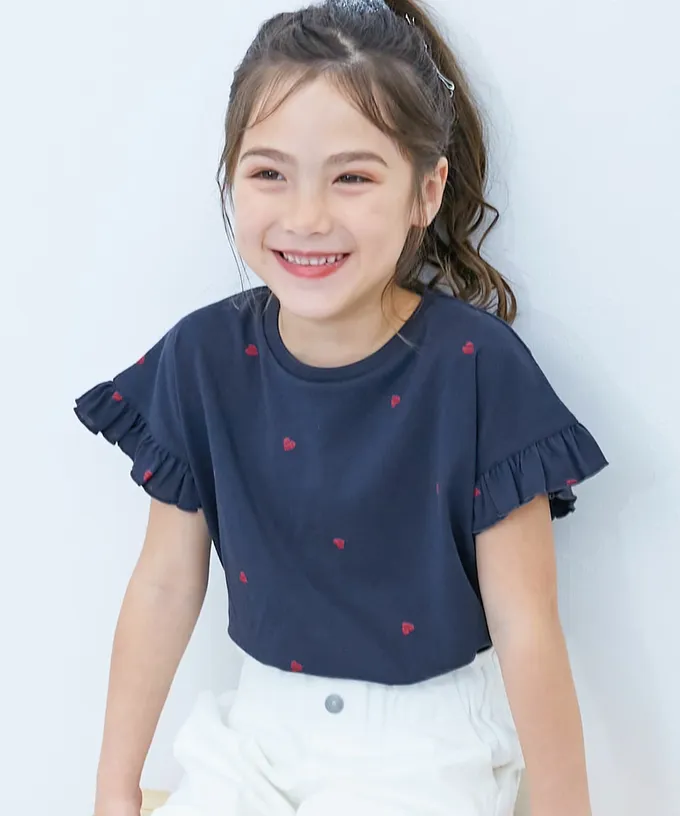 日本 devirock - 小愛心飄逸荷葉短袖上衣-黑