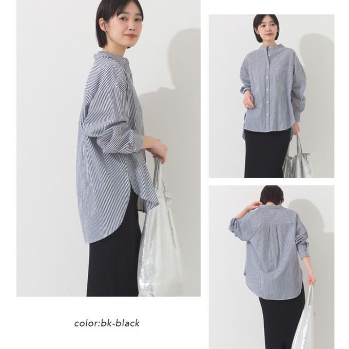 日本 OMNES - 純棉 俐落條紋寬鬆感立領襯衫-翠綠