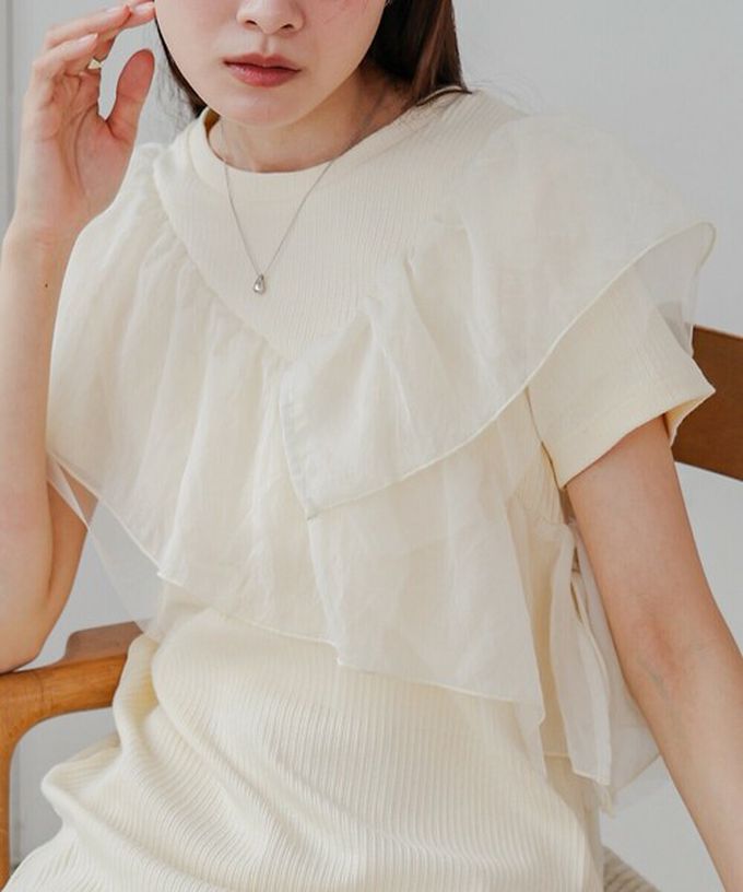 日本 Bab - 不對稱交叉薄紗拼接短袖洋裝-象牙