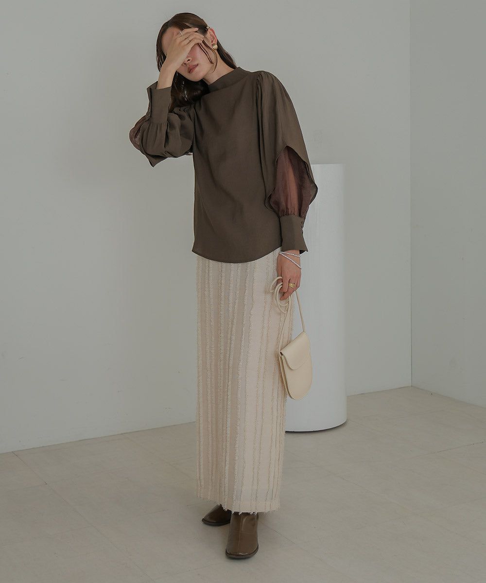 日本 Bab - 柔美紗拼接袖雪紡上衣-深可可