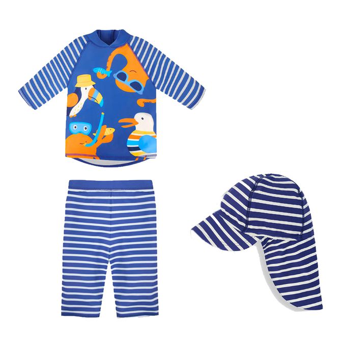 英國 JoJo Maman BeBe - 兩件式泳裝+防曬護頸遮陽帽-夏日夥伴_JJH3938+藍白條紋_JJH2453