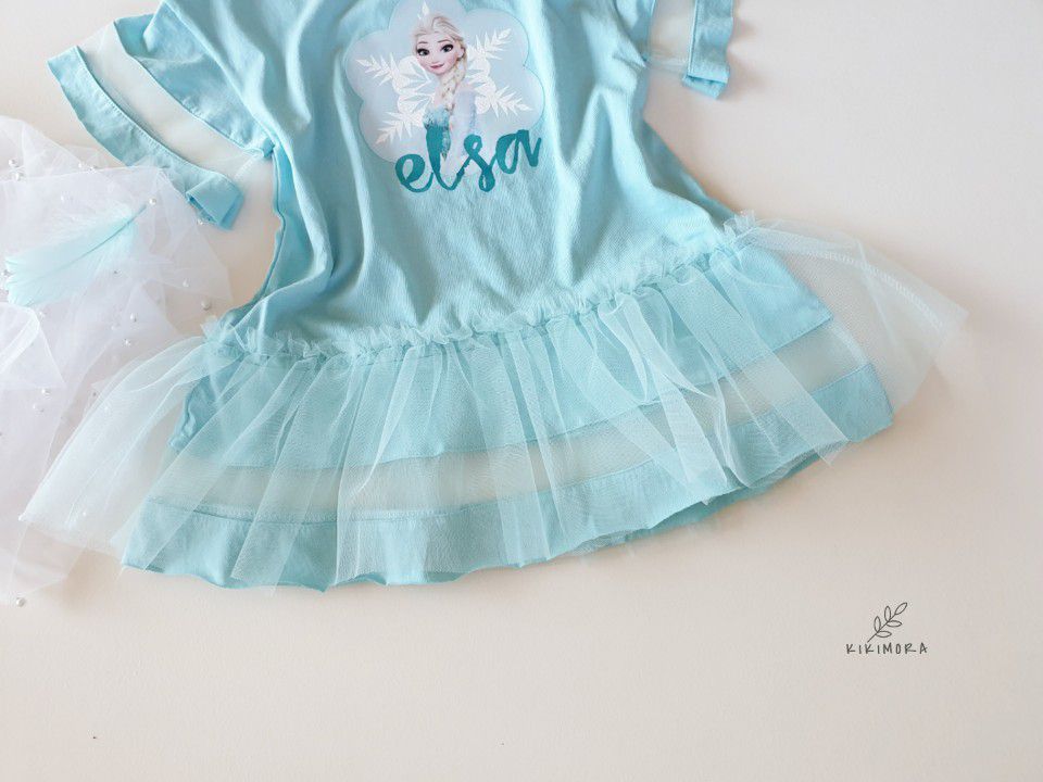 韓國 kikimora - 寬袖Elsa魚尾網紗洋裝-湖水綠