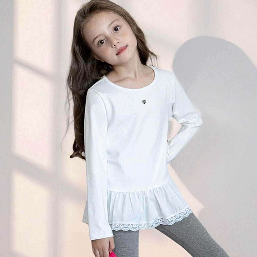 蕾絲花邊拼接長袖上衣-白色