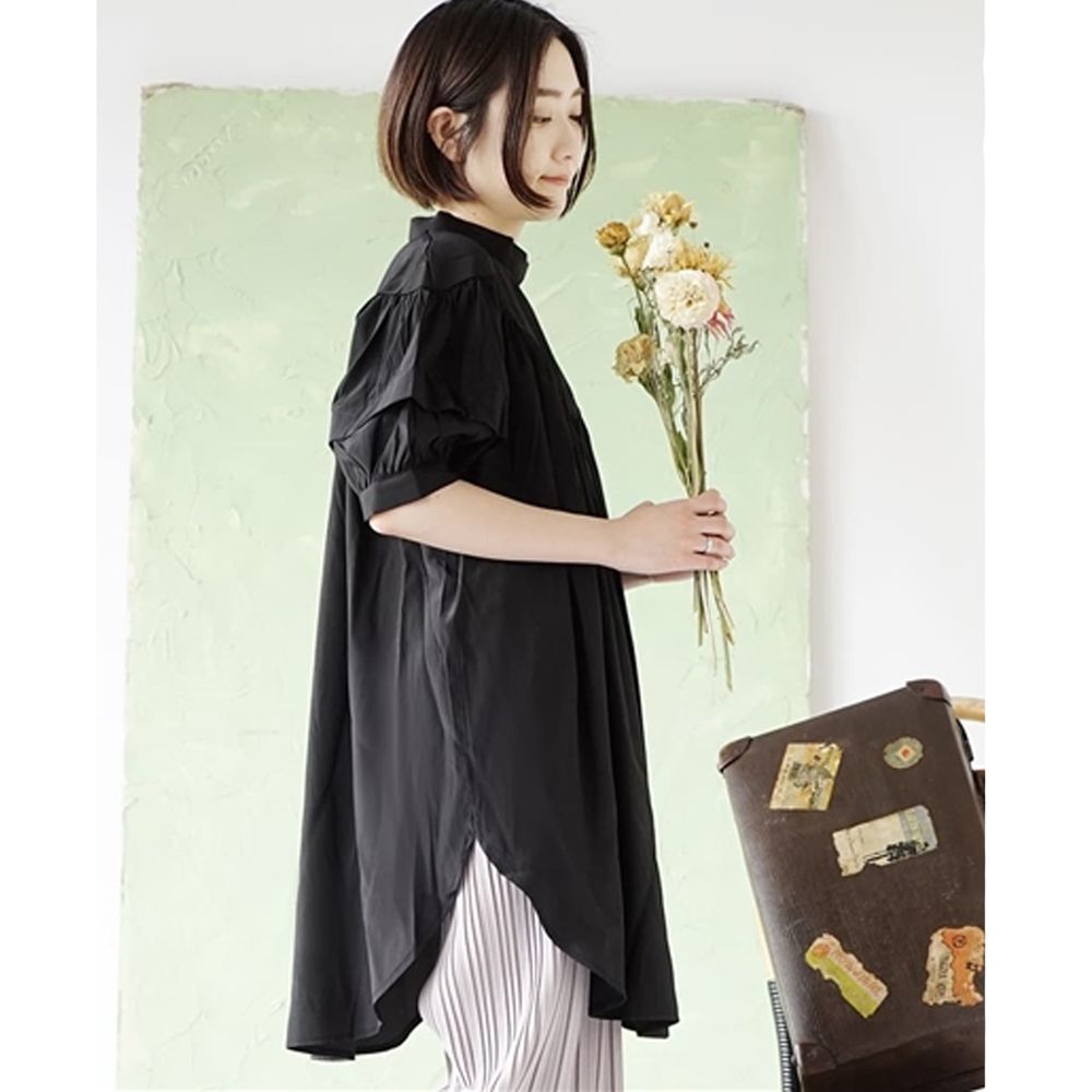日本 zootie - 設計感層次抓皺五分袖洋裝-黑