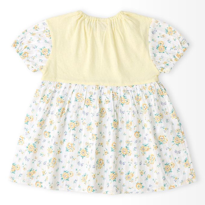 日本 ZOOLAND - 甜美花卉胸前蕾絲短袖洋裝-鵝黃