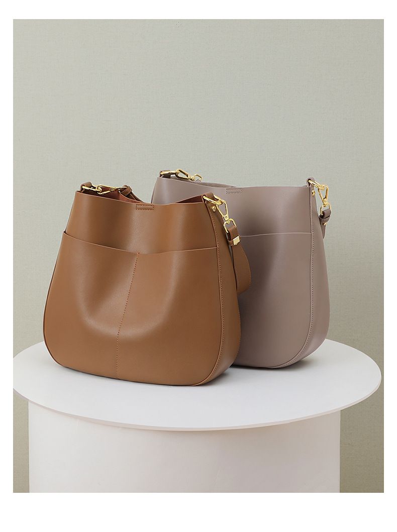 真皮大容量水桶單肩手提包(A4可放)-附2種背帶-栗子咖啡色 (33x29x9cm)