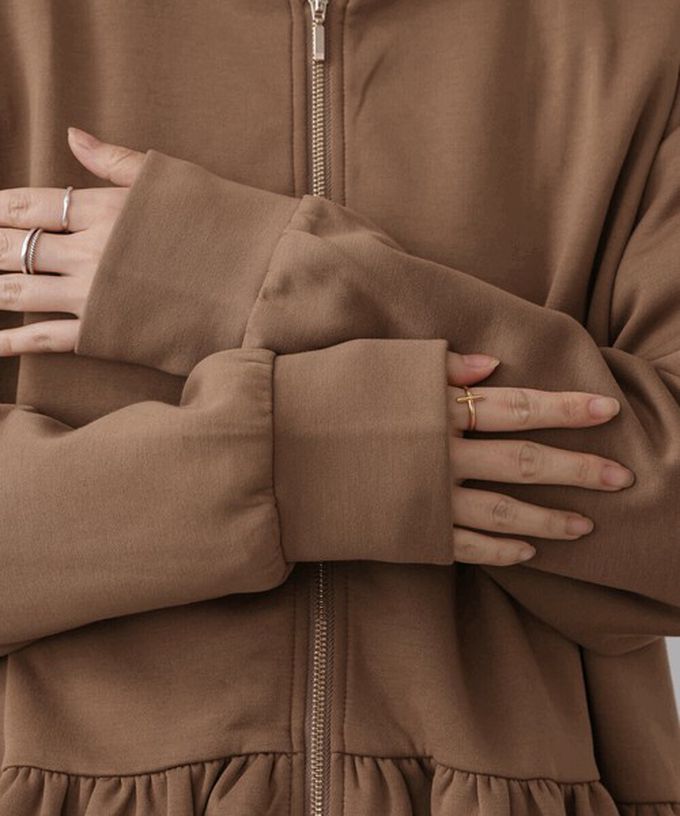 日本 Bab - 可愛荷葉下擺連帽運動風外套-焦糖棕