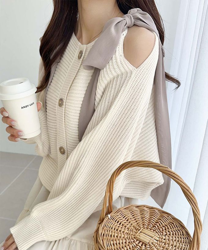 日本 Classical Elf - mily bilet 露肩甜美大蝴蝶結羅紋開襟衫-藕粉