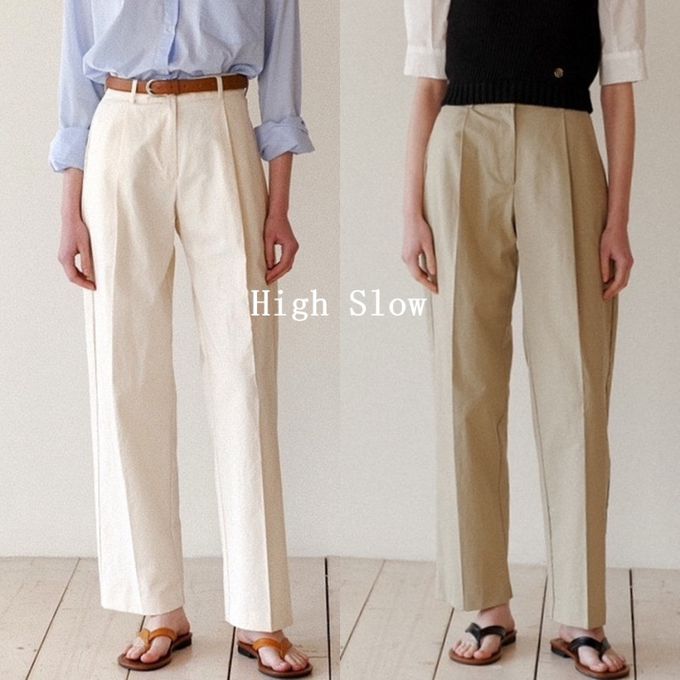 韓國 ANDYOUBROWN - 時尚壓褶直筒長褲-米白