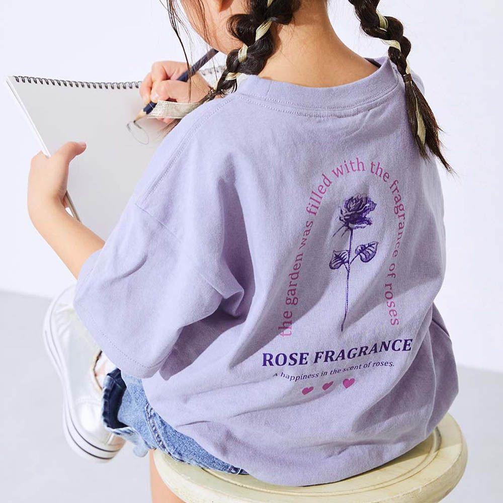 100%棉 定番可愛女孩印花短袖上衣-玫瑰-淺紫